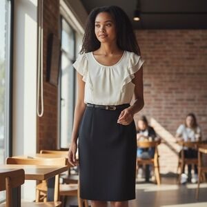 ALYX Dress Womens 6 Cream Black Ruffle Sleeve Belted Sheath Career Sheath Dress